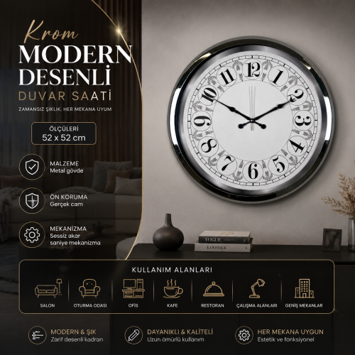 Krom Modern Desenli 52 x 52 cm Duvar Saati