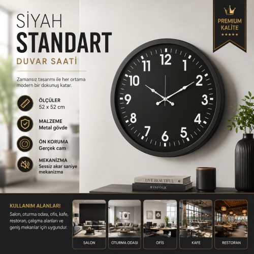 Siyah Standart 52 x 52 cm Duvar Saati