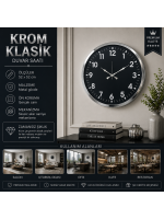 Krom Standart Dekoratif 52 x 52 cm Duvar Saati – Klasik Metal Beyaz Kadran