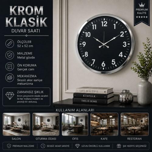 Krom Standart Dekoratif 52 x 52 cm Duvar Saati – Klasik Metal Beyaz Kadran
