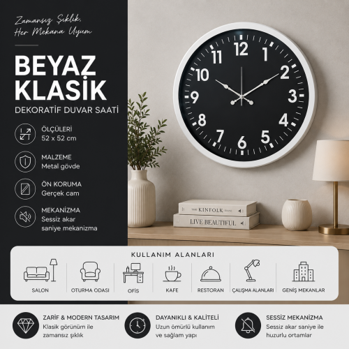 Beyaz Klasik 52 x 52 cm Duvar Saati