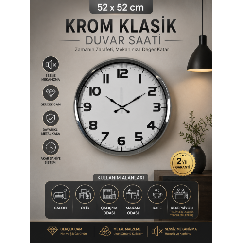 Krom 52 cm Metal Klasik Duvar Saati