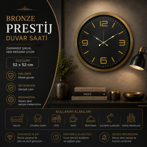 Bronze Prestij 52 x 52 cm Duvar Saati