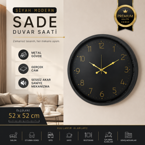 Siyah Sade Modern 52 x 52 cm Modern Duvar Saati