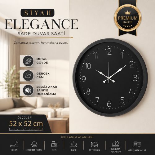 Siyah Elegance 52 x 52 cm Duvar Saati