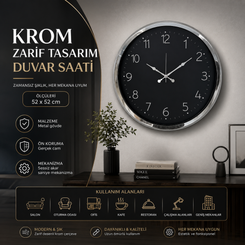 Krom Zarif Tasarım 52 x 52 cm Duvar Saati