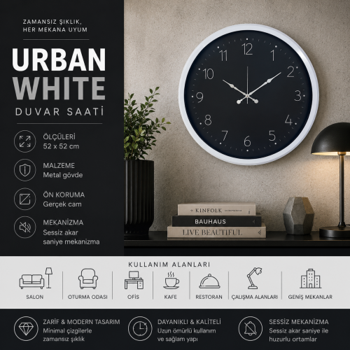 Urban White 52 x 52 cm Duvar Saati