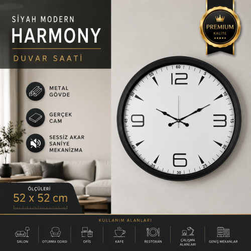 Siyah Modern Harmony 52 x 52 cm Duvar Saati