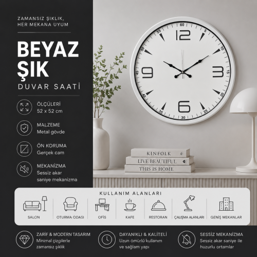 Beyaz Şık 52 x 52 cm Modern Duvar Saati