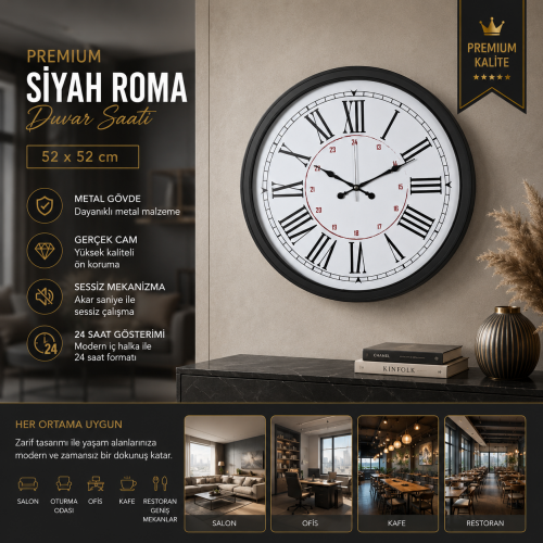 Premium Siyah Roma 52 x 52 cm Duvar Saati