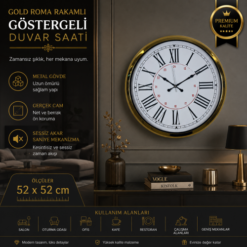 Gold Roma Rakamlı Göstergeli 52 x 52 cm Duvar Saati