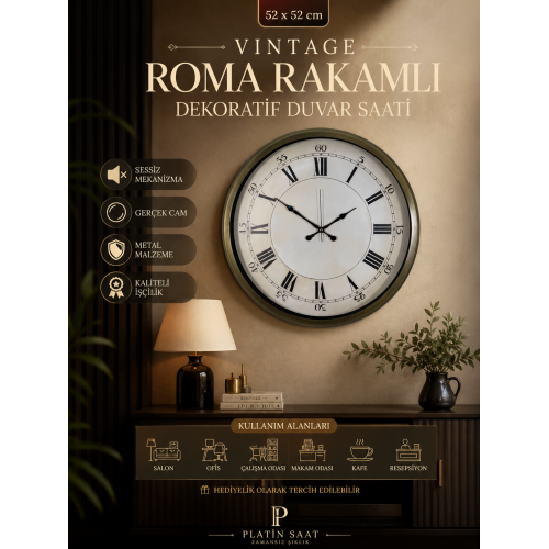 Vintage Roma Rakamlı 52 cm Metal Duvar Saati