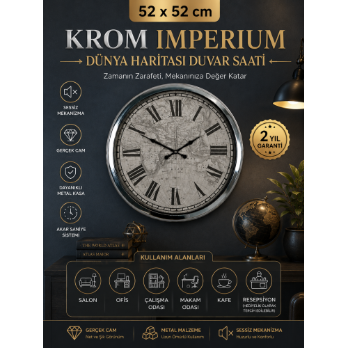 Krom Imperium 52 cm Metal Dünya Haritası Duvar Saati