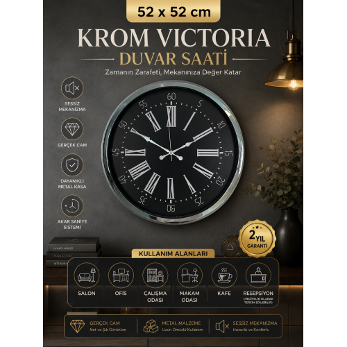Krom Vıctoria 52 cm Metal Duvar Saati