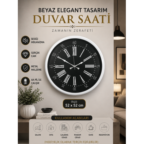 Beyaz Elegant Tasarım 52 cm Metal Duvar Saati