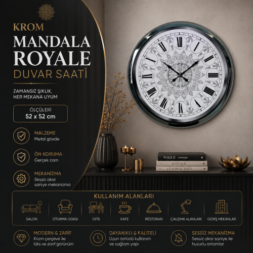 Krom Mandala Royale 52 x 52 cm Duvar Saati
