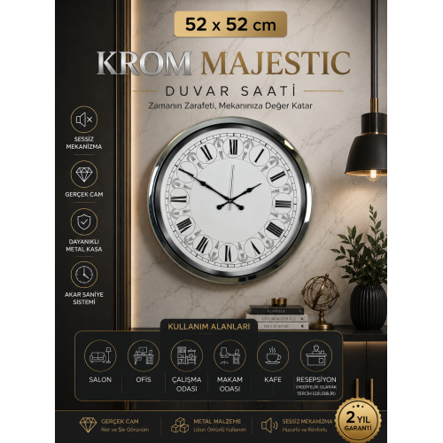 Krom Majestic 52 cm Metal Duvar Saati