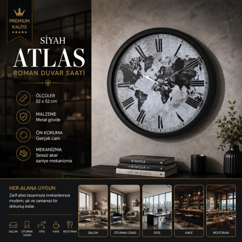 Siyah Atlas Roman 52 x 52 cm Roman Duvar Saati