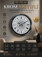 Krom Motifli Dekoratif 52 cm Metal Duvar Saati