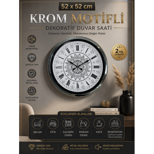 Krom Motifli Dekoratif 52 cm Metal Duvar Saati