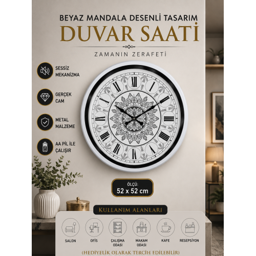 Beyaz 52 cm Metal Mandala Desenli Tasarım Duvar Saati