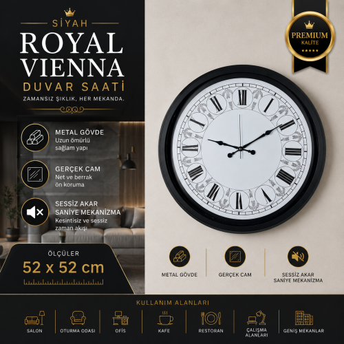 Siyah Royal Vienna 52 x 52 cm Duvar Saati