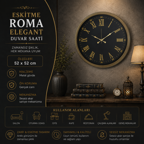 Eskitme Roma Elegant 52 x 52 cm Duvar Saati