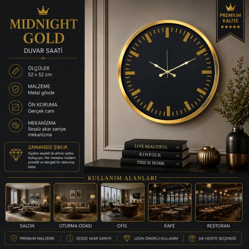 Midnight Gold 52 x 52 cm Duvar Saati