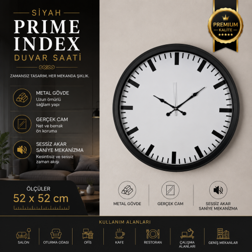 Siyah Prime İndex 52 x 52 cm Duvar Saati