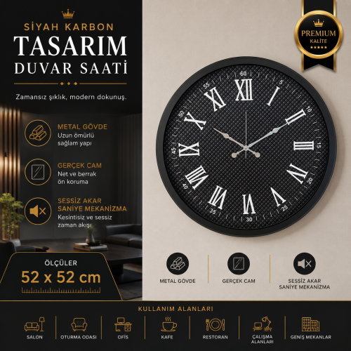 Siyah Karbon Tasarım 52 x 52 cm Duvar Saati