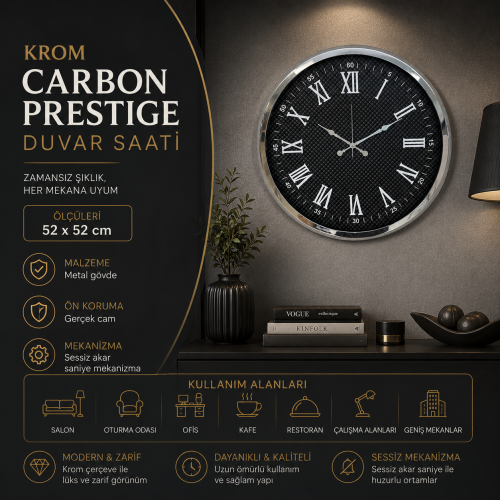 Krom Carbon Prestige 52 x 52 cm Duvar Saati