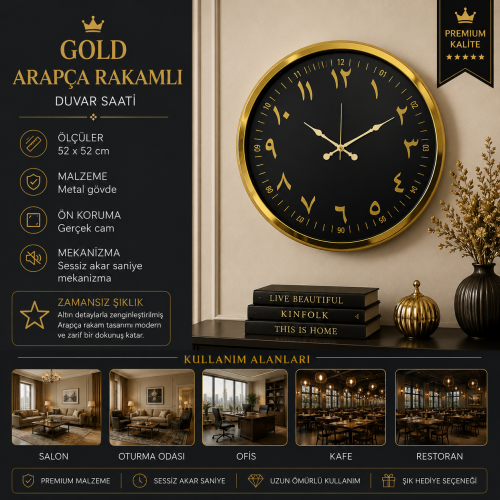Gold Arapça Rakamlı 52 x 52 cm Duvar Saati