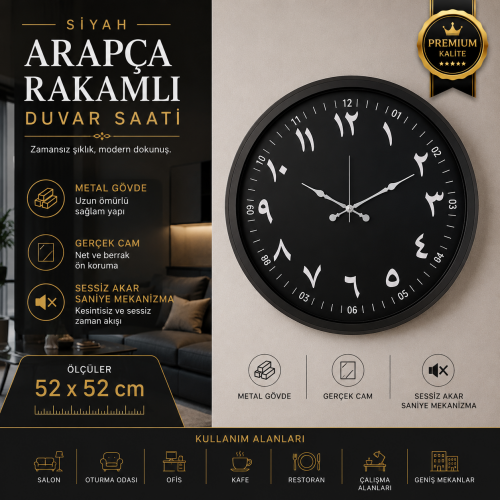 Siyah Arapça Rakamlı 52 x 52 cm Duvar Saati