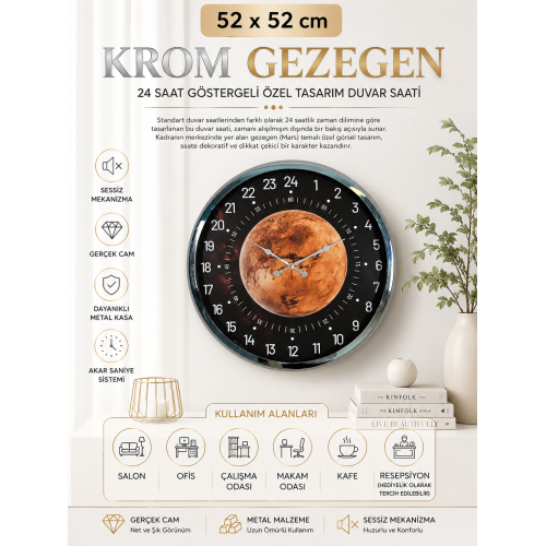Krom Gezegen 24 Saat Göstergeli Duvar Saati
