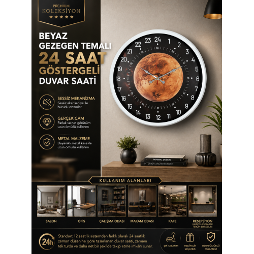 Beyaz Gezegen Temalı 24 Saat Göstergeli Duvar Saati