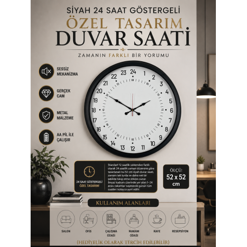 Siyah 24 Saat Göstergeli Özel Tasarım Duvar Saati