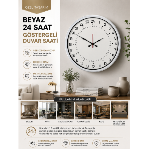 Beyaz 24 Saat Göstergeli Duvar Saati