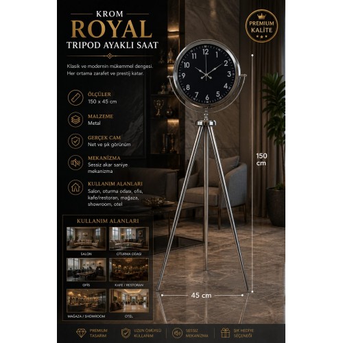 Krom Royal 150 x 45 cm Metal Tripod Ayaklı Saat