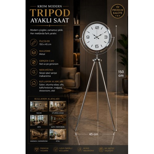 Krom Modern 150 x 45 cm Metal Tripod Ayaklı Saat