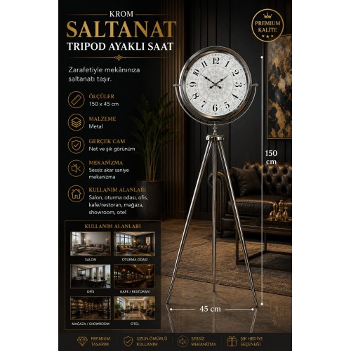 Krom Saltanat 150 x 45 cm Metal Tripod Ayaklı Saat