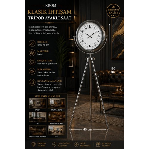 Krom Klasik İhtişam 150 x 45 cm Tripod Ayaklı Saat