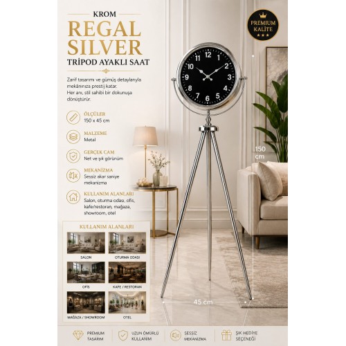 Krom Regal Sılver 150 x 45 cm Metal Duvar Saati