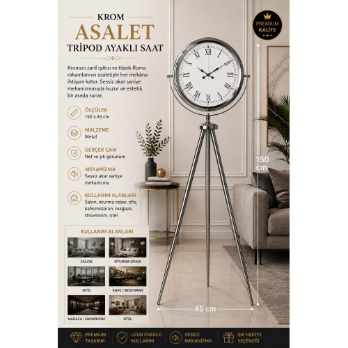 Krom Asalet 150 x 45 cm Tripod Ayaklı Saat