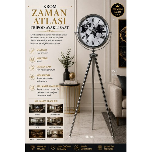 Krom Zaman Atlası 150 x 45 cm Metal Duvar Saati