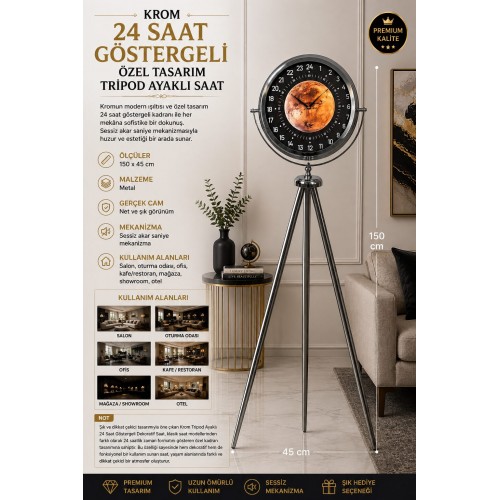 Krom 24 Saat Göstergeli 150 x 45 cm Özel Tasarım Tripod Ayaklı Saat