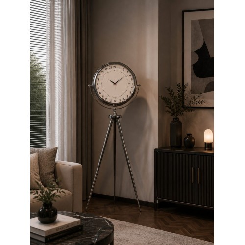 Krom 24 Saat Göstergeli 150 x 45 cm Metal Özel Tasarım Tripod Ayaklı Saat