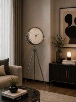 Krom 24 Saat Göstergeli 150 x 45 cm Metal Özel Tasarım Tripod Ayaklı Saat