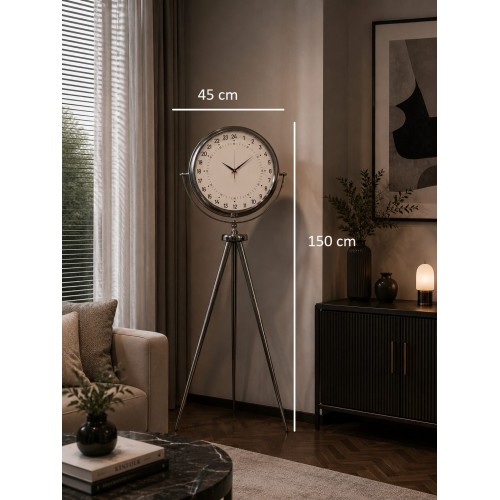 Krom 24 Saat Göstergeli 150 x 45 cm Metal Özel Tasarım Tripod Ayaklı Saat
