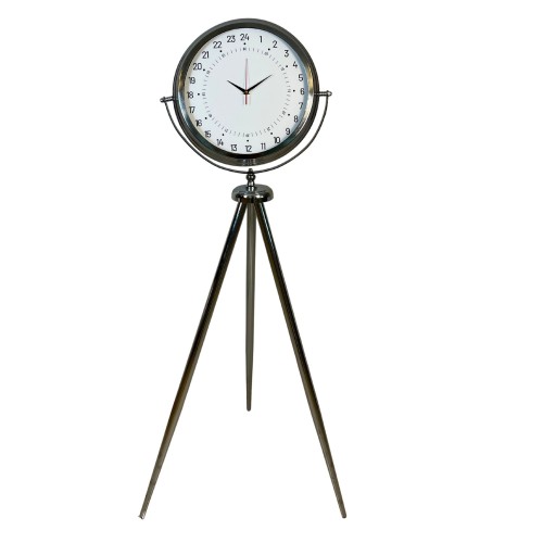 Krom 24 Saat Göstergeli 150 x 45 cm Metal Özel Tasarım Tripod Ayaklı Saat