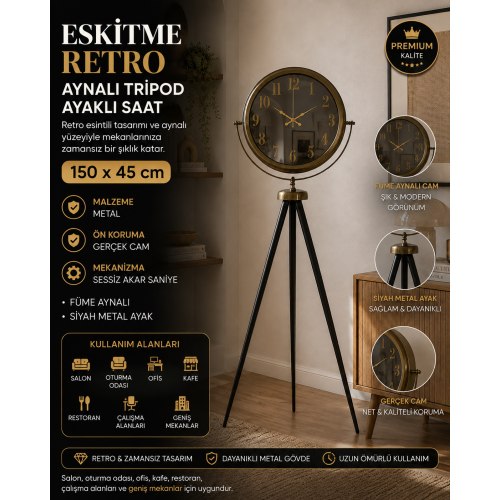 Eskitme Retro Aynalı Tripod 150 x 45 cm Ayaklı Saat